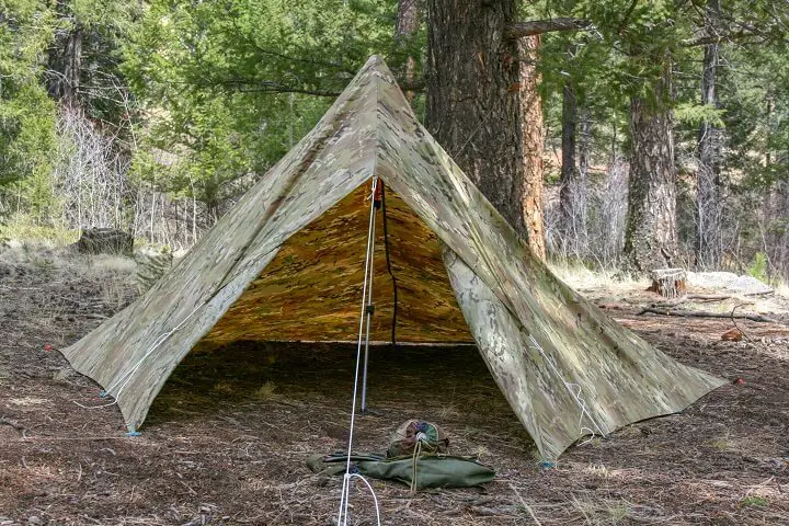 Camouflage Tarp Set Up As Tent