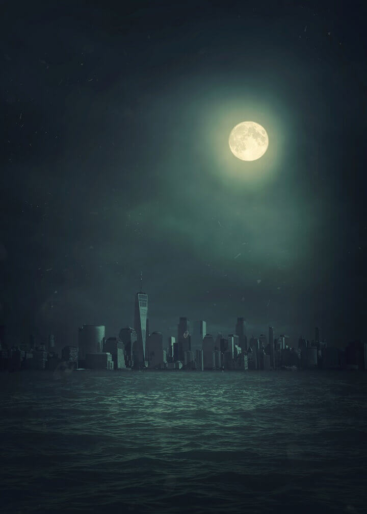 City Blackout Under Full Moon