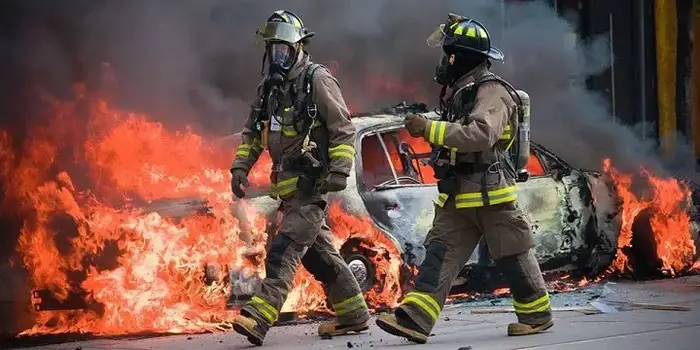 Firefighters by Burning Car