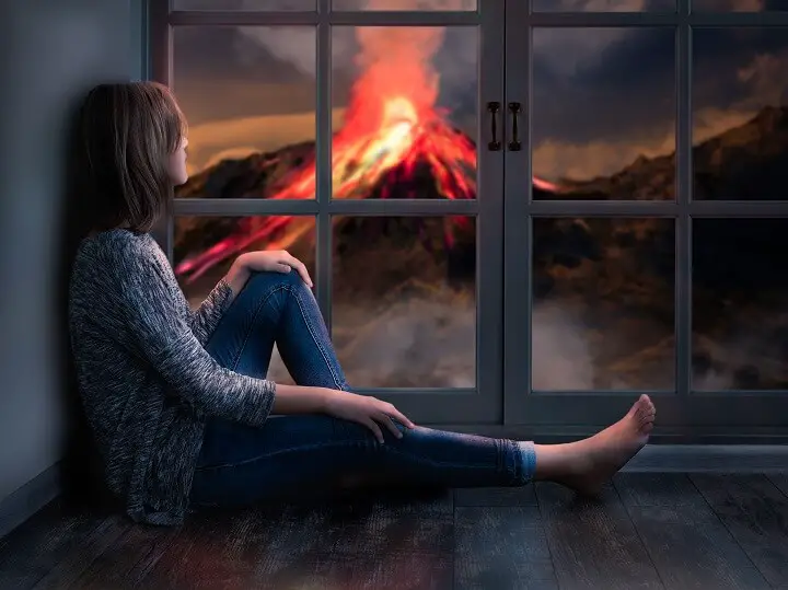 Girl Watching Volcano Erupting