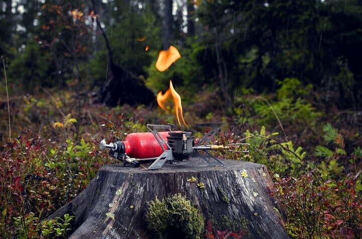 Liquid Fuel Stove on Tree Stump