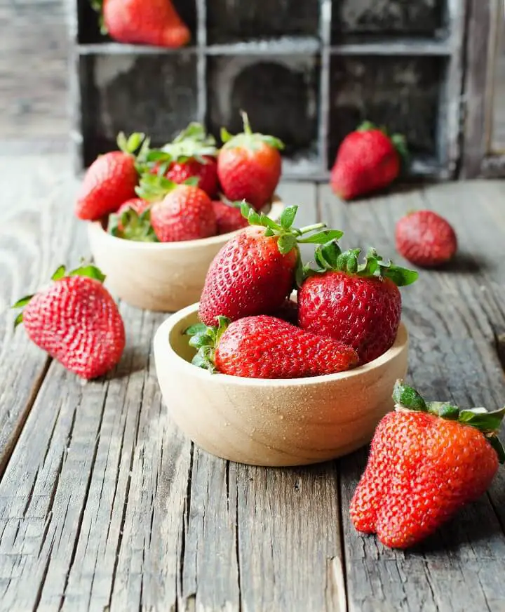 Red Strawberries in Wooden Bowl
