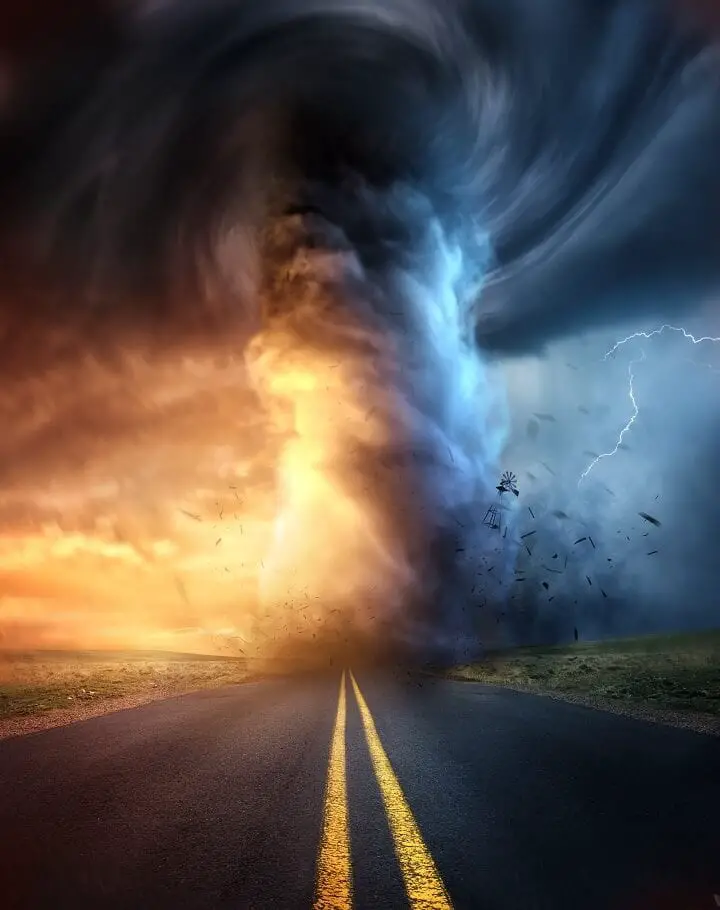 Tornado on Road with Lightning